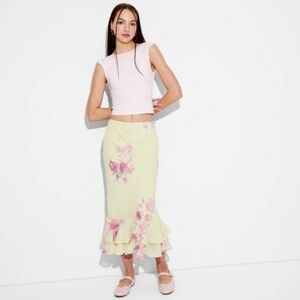 Wild Fable Women's Midi A-Line Skirt Light Yellow Floral Crepe Side Zipper